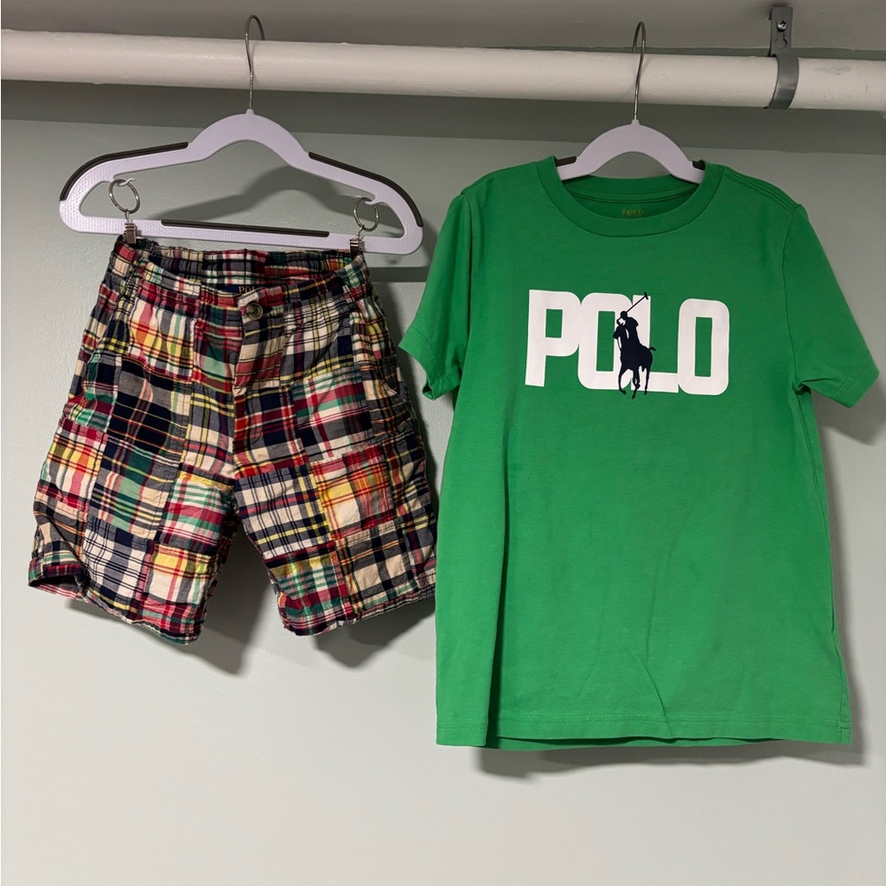 Polo by Ralph Lauren Green Tee and Multicolor Plaid Shorts Set